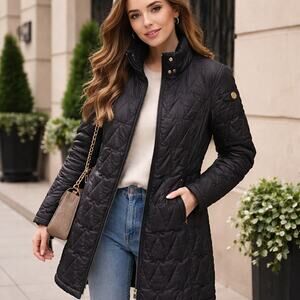 Daily Sports Black Long Quilted Packable Coat Jacket Sz Medium Hearts Design